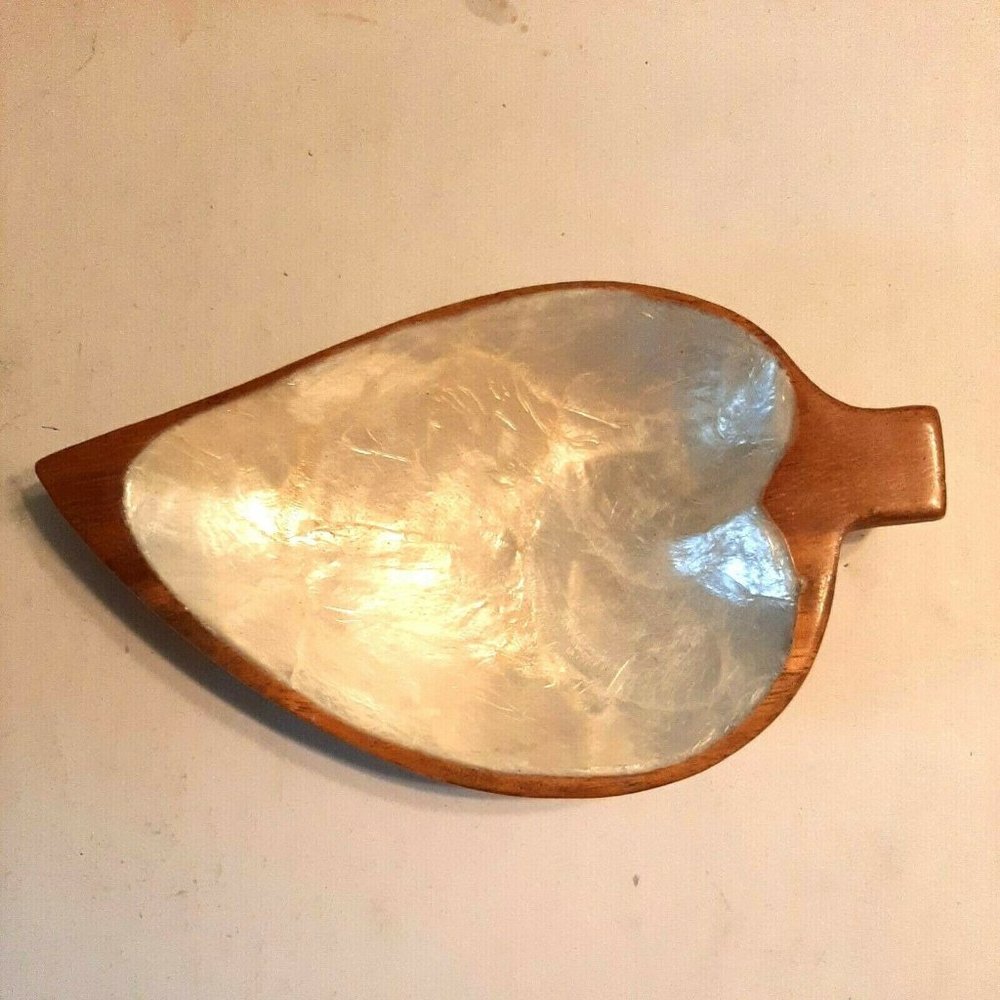 Wooden and Capiz Shell Lined Leaf Dish Trinket Bowl